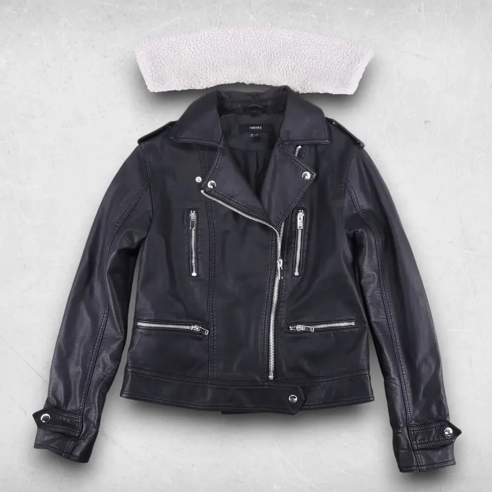 Forever 21 Biker Jacket Women S Black‎ Faux Leather Removable Sherpa Grunge Y2K